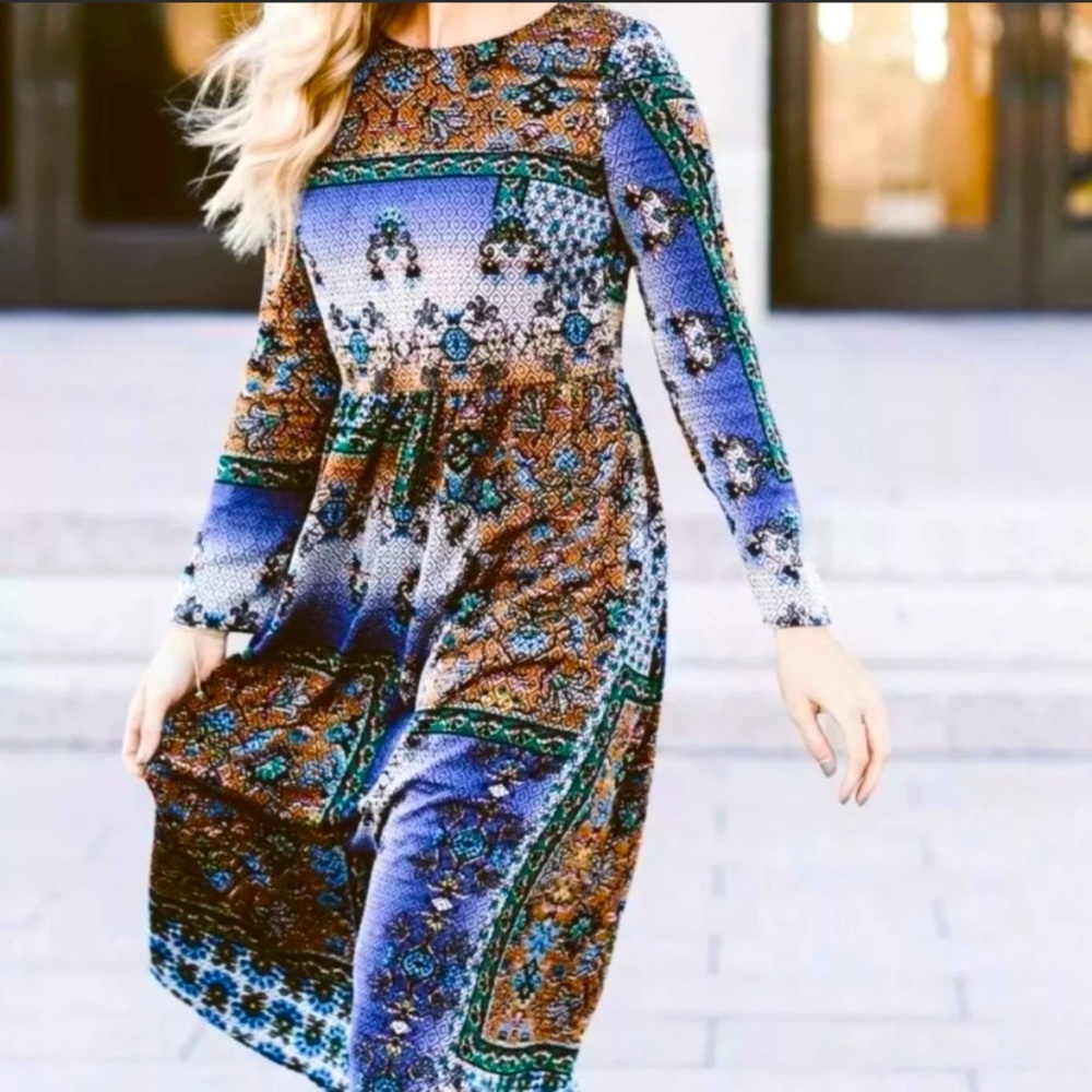 Zara Patchwork Print Long Sleeve Button Back Dress - image 1